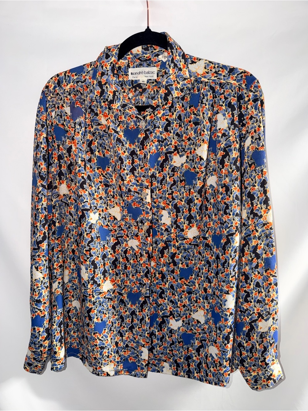 Vintage Balzac Paris designer Blue Floral-Print Women’s Button-Down Shirt